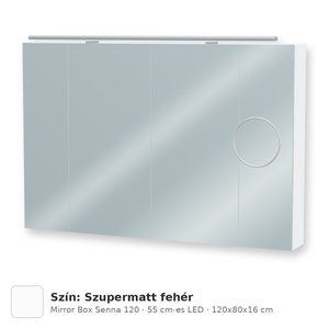 Tboss Mirror Box Senna 120 tükrös felsőszekrény, 4 ajtós, 55 cm-es LED-lámpával, Szupermatt fehér
