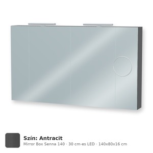 Tboss Mirror Box Senna 140 tükrös felsőszekrény, 4 ajtós, 30 cm-es LED-lámpával, Antracit