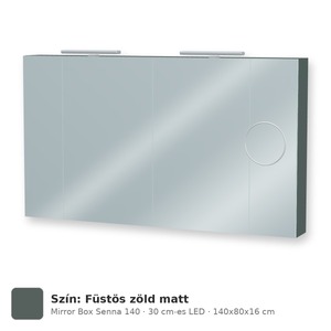 Tboss Mirror Box Senna 140 tükrös felsőszekrény, 4 ajtós, 30 cm-es LED-lámpával, Füstös zöld matt
