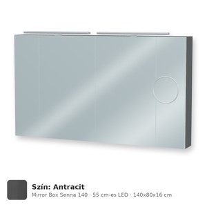 Tboss Mirror Box Senna 140 tükrös felsőszekrény, 4 ajtós, 55 cm-es LED-lámpával, Antracit