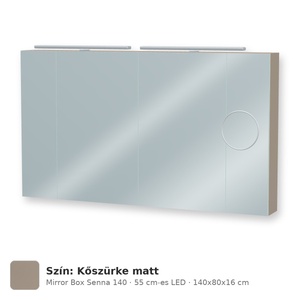 Tboss Mirror Box Senna 140 tükrös felsőszekrény, 4 ajtós, 55 cm-es LED-lámpával, Kőszürke matt