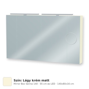 Tboss Mirror Box Senna 140 tükrös felsőszekrény, 4 ajtós, 55 cm-es LED-lámpával, Lágy krém matt