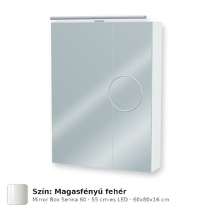 Tboss Mirror Box Senna 60 tükrös felsőszekrény, 2 ajtós, 55 cm-es LED-lámpával, Magasfényű fehér