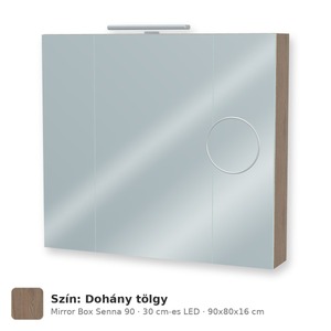 Tboss Mirror Box Senna 90 tükrös felsőszekrény, 3 ajtós, 30 cm-es LED-lámpával, Dohány tölgy