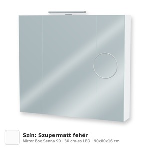 Tboss Mirror Box Senna 90 tükrös felsőszekrény, 3 ajtós, 30 cm-es LED-lámpával, Szupermatt fehér