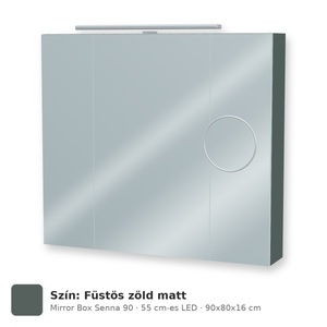 Tboss Mirror Box Senna 90 tükrös felsőszekrény, 3 ajtós, 55 cm-es LED-lámpával, Füstös zöld matt