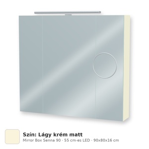 Tboss Mirror Box Senna 90 tükrös felsőszekrény, 3 ajtós, 55 cm-es LED-lámpával, Lágy krém matt