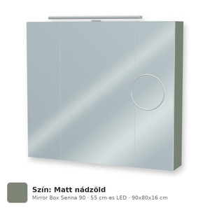 Tboss Mirror Box Senna 90 tükrös felsőszekrény, 3 ajtós, 55 cm-es LED-lámpával, Matt nádzöld