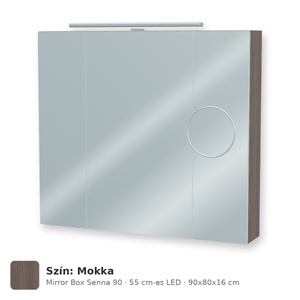 Tboss Mirror Box Senna 90 tükrös felsőszekrény, 3 ajtós, 55 cm-es LED-lámpával, Mokka