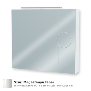 Tboss Mirror Box Senna 90 tükrös felsőszekrény, 3 ajtós, 55 cm-es LED-lámpával, Magasfényű fehér