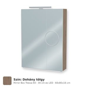 Tboss Mirror Box Tressa 60 tükrös felsőszekrény, 2 ajtós, 30 cm-es LED-lámpával, Dohány tölgy