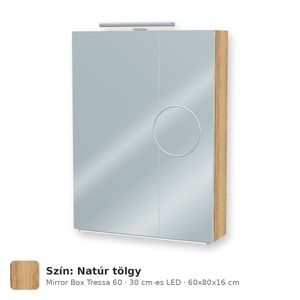 Tboss Mirror Box Tressa 60 tükrös felsőszekrény, 2 ajtós, 30 cm-es LED-lámpával, Natúr tölgy