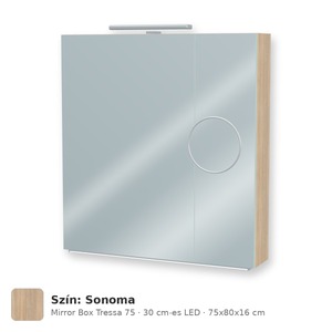 Tboss Mirror Box Tressa 75 tükrös felsőszekrény, 2 ajtós, 30 cm-es LED-lámpával, Sonoma