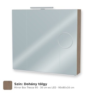 Tboss Mirror Box Tressa 90 tükrös felsőszekrény, 3 ajtós, 30 cm-es LED-lámpával, Dohány tölgy