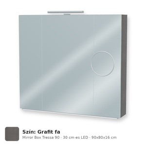 Tboss Mirror Box Tressa 90 tükrös felsőszekrény, 3 ajtós, 30 cm-es LED-lámpával, Grafit fa