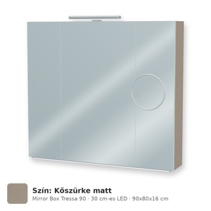 Tboss Mirror Box Tressa 90 tükrös felsőszekrény, 3 ajtós, 30 cm-es LED-lámpával, Kőszürke matt