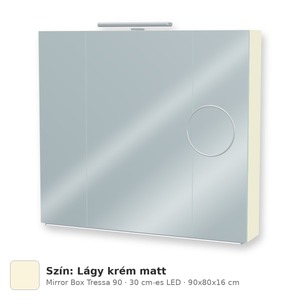 Tboss Mirror Box Tressa 90 tükrös felsőszekrény, 3 ajtós, 30 cm-es LED-lámpával, Lágy krém matt