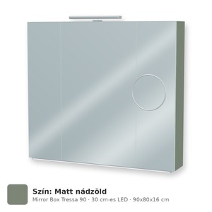 Tboss Mirror Box Tressa 90 tükrös felsőszekrény, 3 ajtós, 30 cm-es LED-lámpával, Matt nádzöld