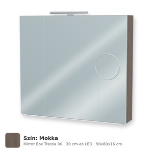 Tboss Mirror Box Tressa 90 tükrös felsőszekrény, 3 ajtós, 30 cm-es LED-lámpával, Mokka