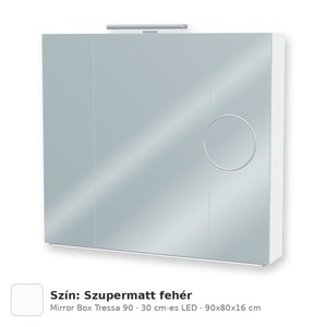 Tboss Mirror Box Tressa 90 tükrös felsőszekrény, 3 ajtós, 30 cm-es LED-lámpával, Szupermatt fehér