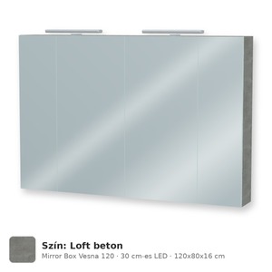 Tboss Mirror Box Vesna 120 tükrös felsőszekrény, 4 ajtós, 30 cm-es LED-lámpával, Loft beton