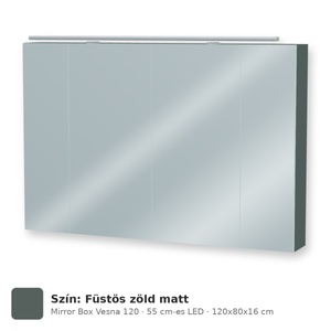 Tboss Mirror Box Vesna 120 tükrös felsőszekrény, 4 ajtós, 55 cm-es LED-lámpával, Füstös zöld matt