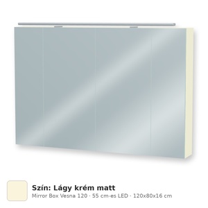 Tboss Mirror Box Vesna 120 tükrös felsőszekrény, 4 ajtós, 55 cm-es LED-lámpával, Lágy krém matt