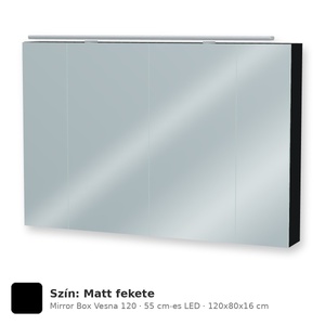 Tboss Mirror Box Vesna 120 tükrös felsőszekrény, 4 ajtós, 55 cm-es LED-lámpával, Matt fekete