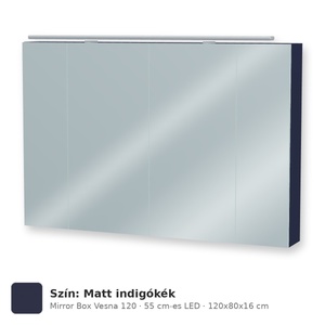 Tboss Mirror Box Vesna 120 tükrös felsőszekrény, 4 ajtós, 55 cm-es LED-lámpával, Matt indigókék