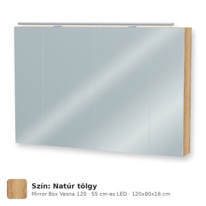 Tboss Mirror Box Vesna 120 tükrös felsőszekrény, 4 ajtós, 55 cm-es LED-lámpával, Natúr tölgy