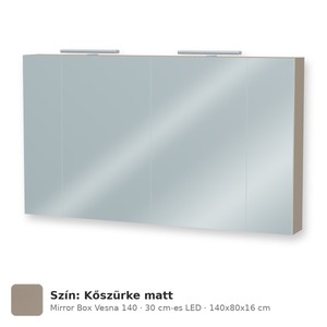 Tboss Mirror Box Vesna 140 tükrös felsőszekrény, 4 ajtós, 30 cm-es LED-lámpával, Kőszürke matt