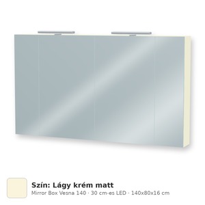 Tboss Mirror Box Vesna 140 tükrös felsőszekrény, 4 ajtós, 30 cm-es LED-lámpával, Lágy krém matt