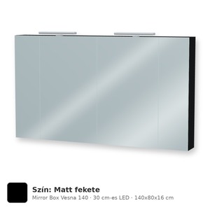 Tboss Mirror Box Vesna 140 tükrös felsőszekrény, 4 ajtós, 30 cm-es LED-lámpával, Matt fekete