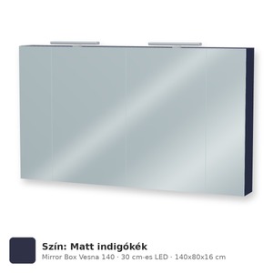 Tboss Mirror Box Vesna 140 tükrös felsőszekrény, 4 ajtós, 30 cm-es LED-lámpával, Matt indigókék