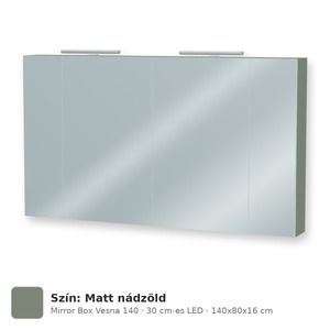 Tboss Mirror Box Vesna 140 tükrös felsőszekrény, 4 ajtós, 30 cm-es LED-lámpával, Matt nádzöld