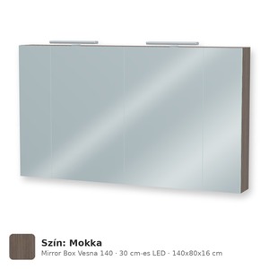 Tboss Mirror Box Vesna 140 tükrös felsőszekrény, 4 ajtós, 30 cm-es LED-lámpával, Mokka