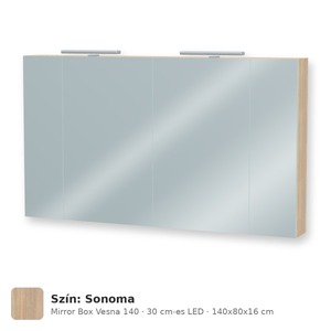 Tboss Mirror Box Vesna 140 tükrös felsőszekrény, 4 ajtós, 30 cm-es LED-lámpával, Sonoma