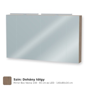 Tboss Mirror Box Vesna 140 tükrös felsőszekrény, 4 ajtós, 55 cm-es LED-lámpával, Dohány tölgy