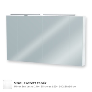 Tboss Mirror Box Vesna 140 tükrös felsőszekrény, 4 ajtós, 55 cm-es LED-lámpával, Erezett fehér