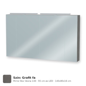 Tboss Mirror Box Vesna 140 tükrös felsőszekrény, 4 ajtós, 55 cm-es LED-lámpával, Grafit fa