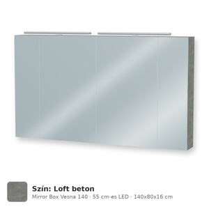 Tboss Mirror Box Vesna 140 tükrös felsőszekrény, 4 ajtós, 55 cm-es LED-lámpával, Loft beton