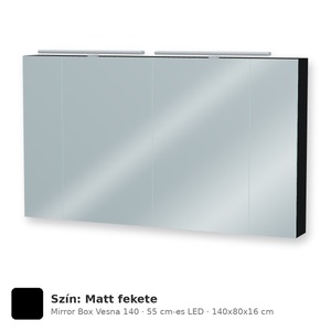 Tboss Mirror Box Vesna 140 tükrös felsőszekrény, 4 ajtós, 55 cm-es LED-lámpával, Matt fekete