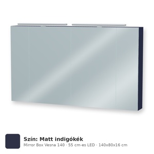Tboss Mirror Box Vesna 140 tükrös felsőszekrény, 4 ajtós, 55 cm-es LED-lámpával, Matt indigókék