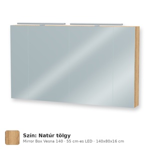 Tboss Mirror Box Vesna 140 tükrös felsőszekrény, 4 ajtós, 55 cm-es LED-lámpával, Natúr tölgy