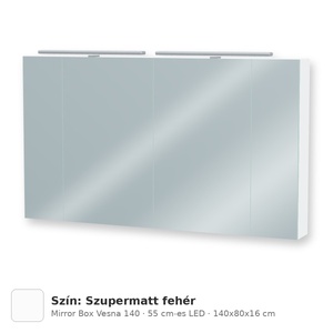 Tboss Mirror Box Vesna 140 tükrös felsőszekrény, 4 ajtós, 55 cm-es LED-lámpával, Szupermatt fehér