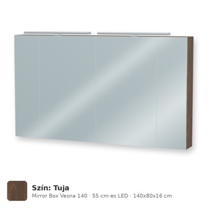 Tboss Mirror Box Vesna 140 tükrös felsőszekrény, 4 ajtós, 55 cm-es LED-lámpával, Tuja