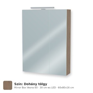 Tboss Mirror Box Vesna 60 tükrös felsőszekrény, 2 ajtós, 30 cm-es LED-lámpával, Dohány tölgy