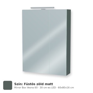 Tboss Mirror Box Vesna 60 tükrös felsőszekrény, 2 ajtós, 30 cm-es LED-lámpával, Füstös zöld matt