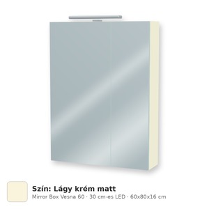 Tboss Mirror Box Vesna 60 tükrös felsőszekrény, 2 ajtós, 30 cm-es LED-lámpával, Lágy krém matt