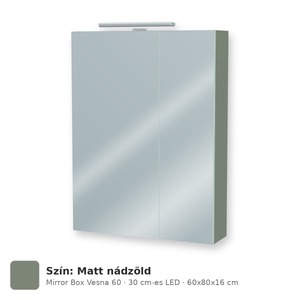 Tboss Mirror Box Vesna 60 tükrös felsőszekrény, 2 ajtós, 30 cm-es LED-lámpával, Matt nádzöld